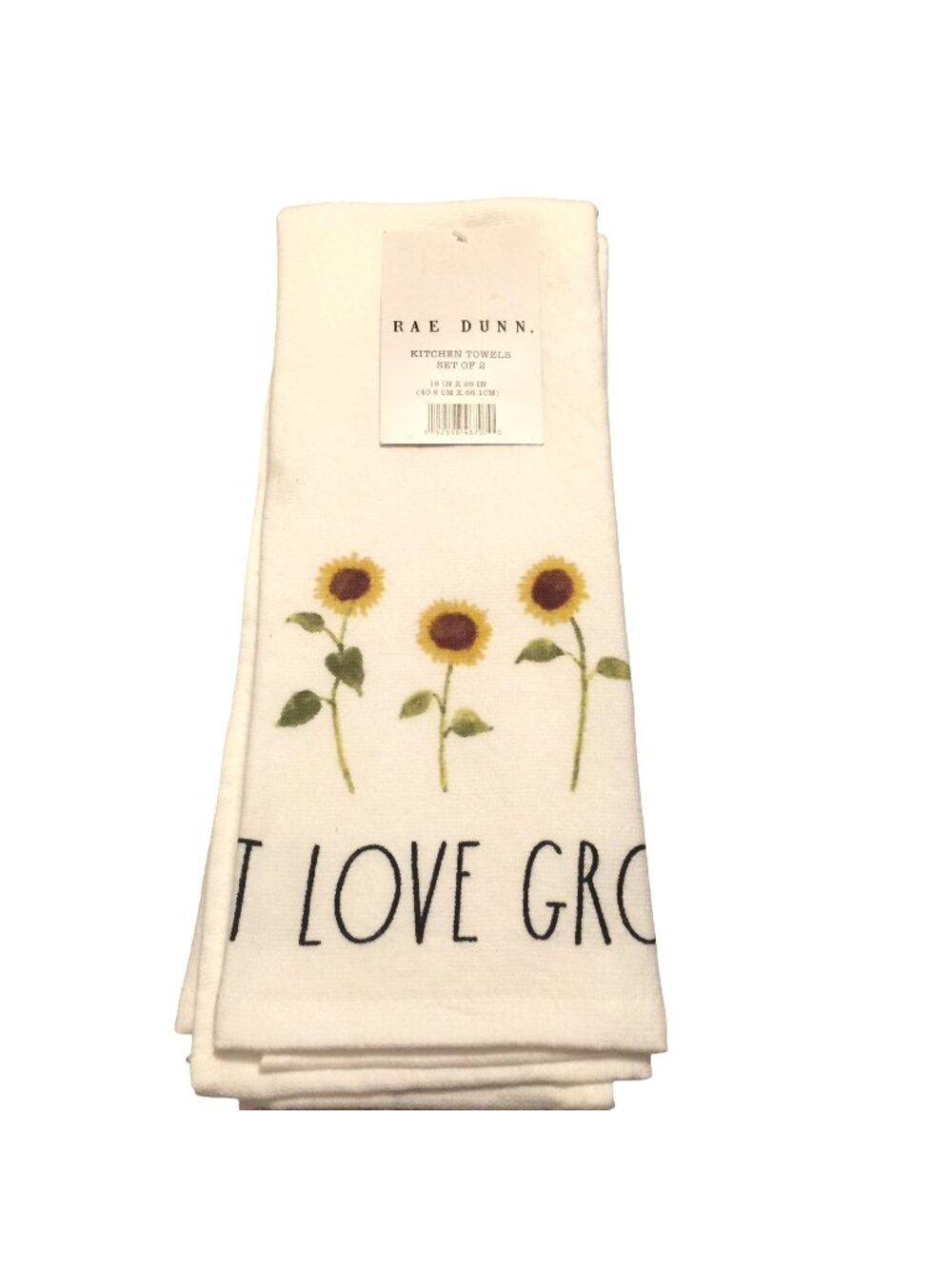 Rae Dunn LET LOVE GROW. Sunflowers White Kitchen Towels Set of Two